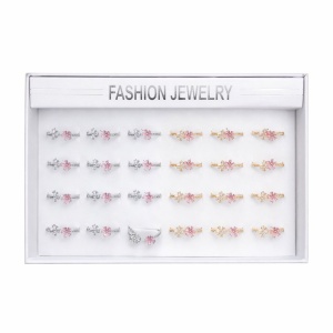 Set 24 inele dama elegante cu flori roz si pietre, auriu si argintiu, reglabile ROXE