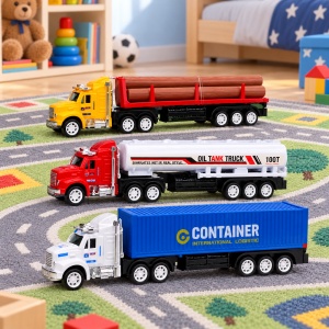 Set 3 buc camioane de jucărie, transport lemne, cisternă și container, 24 × 22,5 cm