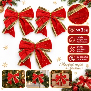 Set 3 buc Fundițe de Crăciun, catifea roșie cu auriu și paiete argintii, ambalaj aprox. 28×13 cm - Img 3