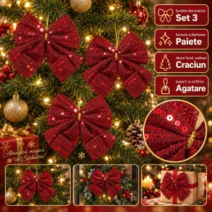 Set 3 fundite decorative rosii cu paiete, pentru brad de Craciun, 29x12,5cm - Img 3