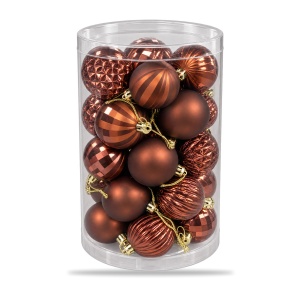 Set 34 globuri de Crăciun arămii, plastic, modele diverse, agățătoare aurie, cutie 43×23 cm - Img 2