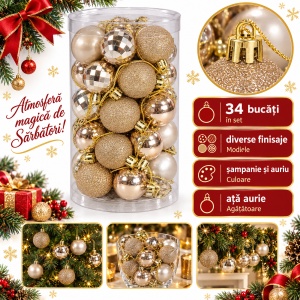 Set 34 globuri de Crăciun pentru brad, șampanie-auriu, plastic, tub 26x13 cm