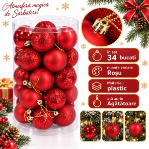 Set 34 globuri de Craciun rosii, modele variate, plastic, agatatoare aurie
