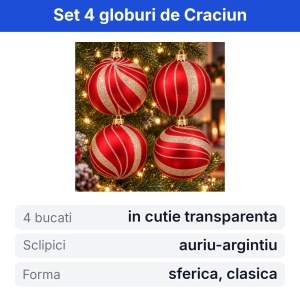 Set 4 globuri de Craciun, rosu cu model sclipici auriu-argintiu, 16x16x7cm - Img 2