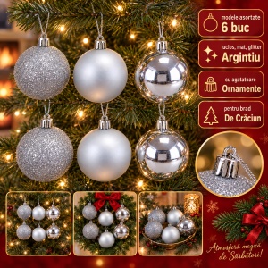 Set 6 globuri de Crăciun argintii, modele asortate, plastic, 47 × 8 cm - Img 3