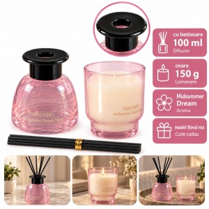Set aromaterapie cu lumânare parfumată și difuzor cu bețișoare, aromă florală, roz, 24 x 16 cm - Img 2