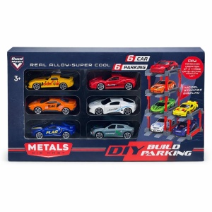 Set constructie parcare cu 6 masinute din metal die-cast, modele diverse