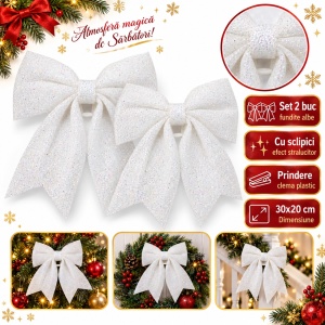 Set de 2 buc Cu Fundițe decorative de Crăciun albe cu sclipici, prindere plastic, 30x20 cm - Img 5