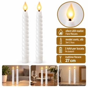 Set de 2 Lumânări LED cu efect de flacara realist, model răsucit, alb, 25cm