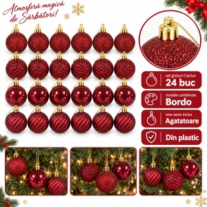 Set de 24 globuri de Crăciun , bordo, din plastic, modele diverse in set