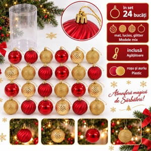 Set de 24 globuri de Crăciun, roșu-auriu, modele mixte, din plastic, 44×14 cm