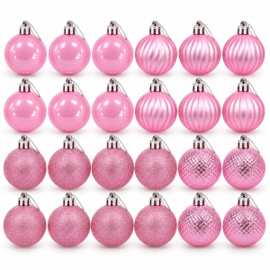 Set de 24 globuri de Crăciun roz, modele diverse in set, din plastic