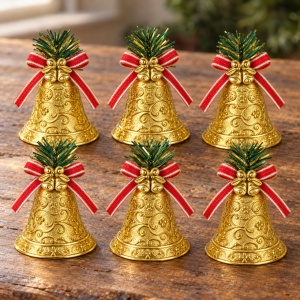 Set de 6 clopoței decorativi aurii de Crăciun, model floral reliefat, 32×19 cm - Img 5