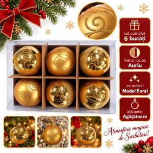 Set de 6 globuri aurii din plastic, model cu sclipici, modele diverse in set, 8 cm