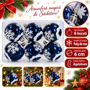 Set de 6 globuri de Crăciun, albastru închis, model cu fulgi albi cu sclipici, diametru 6 cm - Img 2