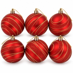 Set de 6 globuri de Crăciun roșii cu sclipici auriu, din plastic, 9 cm - Img 2