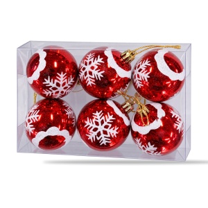 Set de 6 globuri de Crăciun roșii, model cu fulgi albi cu sclipici, din plastic, 7 cm - Img 3