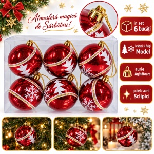 Set de 6 globuri roșii din plastic, model brăduți și fulgi albi cu sclipici, 22 x 15 cm