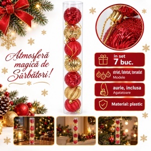 Set de 7 globuri de Crăciun, din plastic, roșu-auriu, modele diverse, 7cm - Img 4