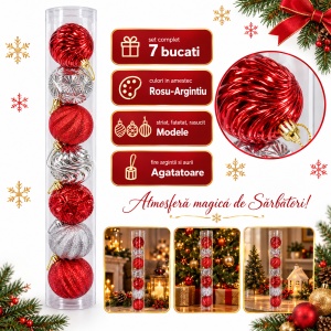 Set de 7 globuri pentru brad, din plastic, roșu-argintiu, modele diverse in set, 6 cm - Img 2