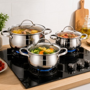 Set oale inox HausRoland 6 piese cu capace sticla, inductie, 1.9L–3.6L - Img 4