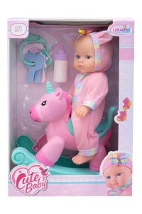 Set păpușă bebeluș cu balansoar unicorn, biberon și jucărie, plastic, 29 cm, Cute Baby - Img 2