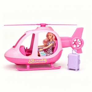 Set pentru fetite cu papusa, elicopter roz si accesorii calatorie