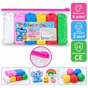 Set plastilina Super Clay, 6 culori, ambalate individual, pentru copii 3 ani+