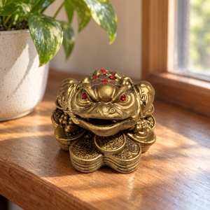 Statuetă broască feng shui cu bănuți, ceramică aurie, 6,5x5,5 cm - Img 3