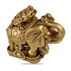 Statuetă Feng Shui elefant cu broască, monede și lingouri, rășină aurie, aprox. 11 × 9,5 × 7 cm - Img 2