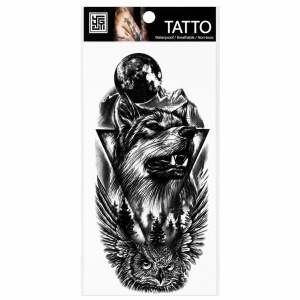 Tatuaj Temporar Semipermanent Lup și Bufniță – Design Wildlife Realist Black & Grey, 18 cm