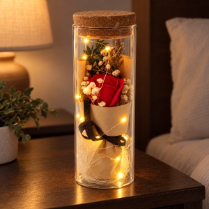 Trandafir rosu de săpun în cupolă de sticlă cu lumini LED, buton ON/OFF, 25 cm - Img 3