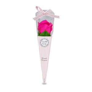 Trandafir roz inchis artificial, in cutie cadou transparentă cu funda, 25cm - Img 2