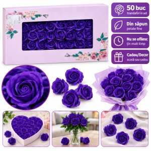 Trandafiri decorativi din săpun, cutie cadou, set 50 de bucăți, mov închis, 5cm