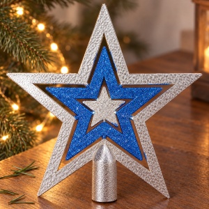 Vârf de brad stea decorativă, argintiu cu albastru sclipitor, 3 straturi, 17cm - Img 4