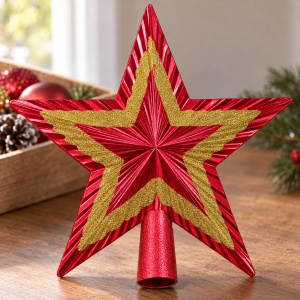 Vârf de brad stea decorativă, roşu cu auriu, plastic cu sclipici, tijă de fixare, 20x20cm - Img 4