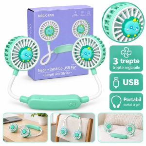 Ventilator de gât portabil cu 3 trepte de viteză, USB, model dinozaur, verde mentă - Img 4