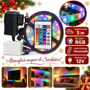 Bandă LED RGB de Crăciun cu telecomandă, SMD 2835, 5 m, 12 V, ambalaj 24 x 15 cm - Img 4