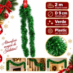 Beteală brad de Crăciun, verde sclipitor, diametru plin 9 cm, lungime 2 m
