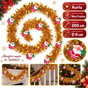 Beteală de Crăciun aurie cu ornamente Moș Crăciun, plastic, 200 cm, diametru 9 cm