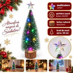 Brad decorativ cu leduri multicolore, bază din lemn, 24 cm - Img 5