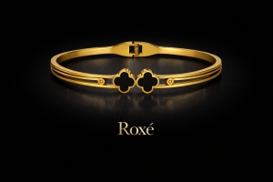 Bratara ROXE aurie cu model trifoi negru design elegant inchizatoare fixa - Img 2