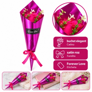 Buchet decorativ cu trandafir fucsia din sapun, cu funda satinata, 35 cm