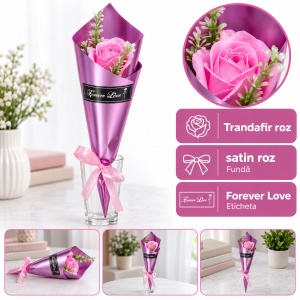 Buchet decorativ cu trandafir roz din sapun, cu funda satinata, 35 cm - Img 5