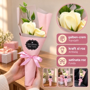 Buchet decorativ cu trandafiri galbeni, set cadou roz, 25 cm