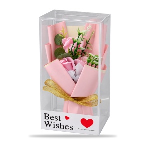 Buchet decorativ cu trandafiri roz, fundă aurie, în cutie cadou, 25cm - Img 3