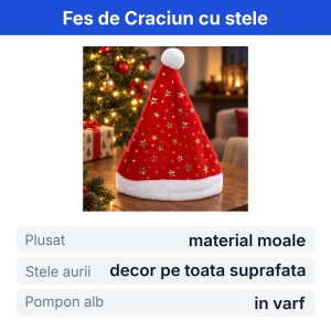 Căciulă Moș Crăciun plușată, roșu cu stele aurii, bordură și pompon alb, 43x30cm - Img 2