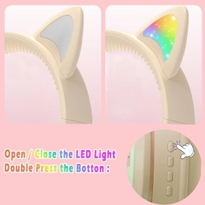 Casti wireless Bluetooth cu urechi de pisica LED, pliabile, pentru copii si adulti, crem - Img 6
