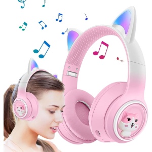 Casti wireless Bluetooth cu urechi de pisica LED, pliabile, pentru copii si adulti, roz