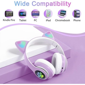 Căști wireless cu urechi de pisică și lumini LED, design ergonomic, mov - Img 4